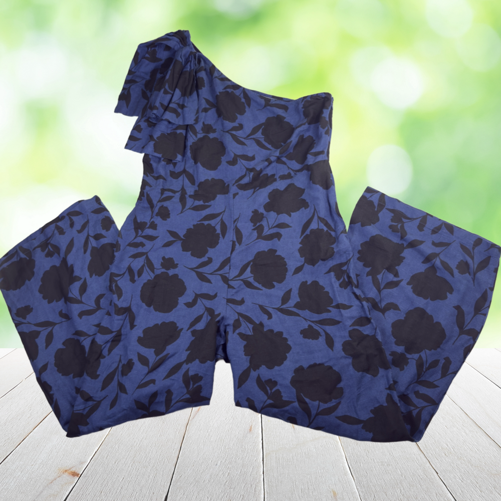 New KATE SPADE Wide Leg Jumpsuit Linen One Shoulder Blue Black Floral Size 16